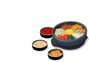 Bibimbap or bi bim bop Korean food in stone bowl , rice mixing with various ingredients in stone bowl vector illustration. Isolated bibimbap with side dishes on white background  . 