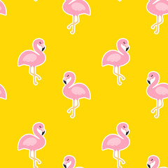 Beautiful seamless tropical pattern with pink flamingos on a yellow background. Abstract summer texture. Design for fabric, wallpaper, textile and decor.