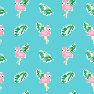 Beautiful seamless tropical pattern with pink flamingos and palm leaves on a blue background. Abstract summer texture. Design for fabric, wallpaper, textile and decor.
