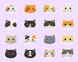 Set of kawaii stickers with сute cats faces. Design concept kids print.  Isolated objects