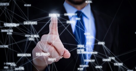 Composition of businessman touching screen with text and network of connections