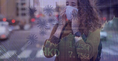 Composition of covid 19 cells and medical data processing over caucasian woman wearing face mask