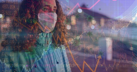 Composition of covid 19 cells and medical data processing over caucasian woman wearing face mask