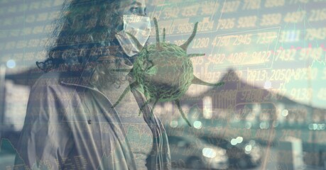 Composition of covid 19 cell and medical data processing over caucasian woman wearing face mask