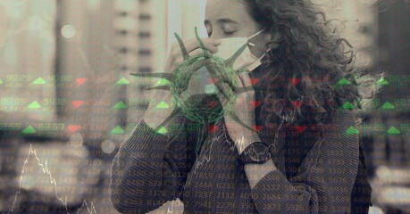 Composition of covid 19 cell and medical data processing over caucasian woman wearing face mask