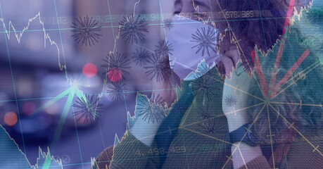 Composition of covid 19 cells and medical data processing over caucasian woman wearing face mask