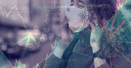 Composition of covid 19 cells and medical data processing over caucasian woman wearing face mask