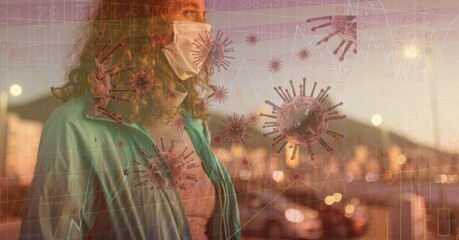 Composition of covid 19 cells and medical data processing over caucasian woman wearing face mask