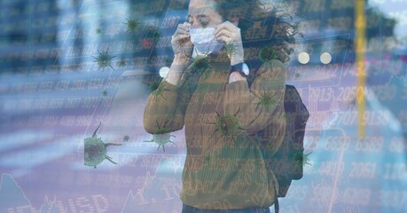 Composition of covid 19 cells and medical data processing over caucasian woman wearing face mask