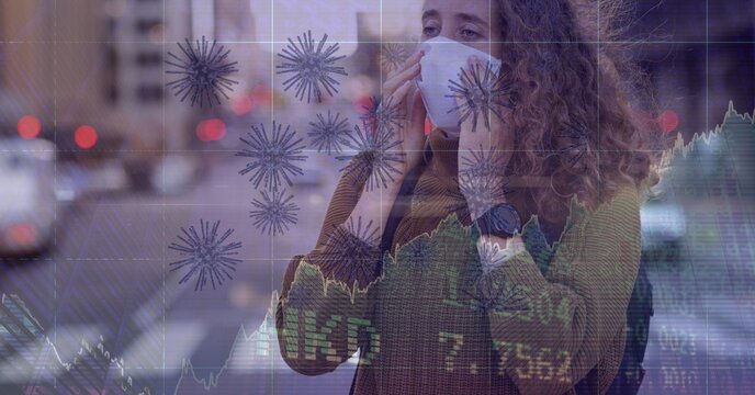 Composition of covid 19 cells and medical data processing over caucasian woman wearing face mask