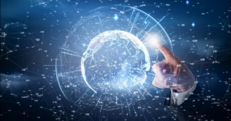 Compostion of globe of network of connections over caucasian businessman