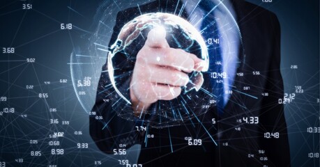 Compostion of globe of network of connections over caucasian businessman