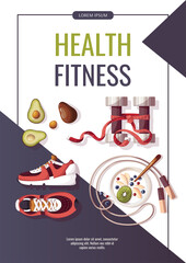 Promo banner fot fitness training, sportswear, workout, gym, healthy lifestyle, sport equipment. A4 Vector illustration for poster, banner, flyer, special offer, advertising.