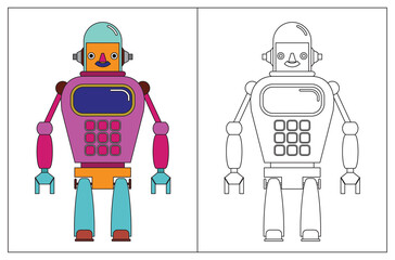 Funny robot cartoon, coloring book or page. Vector illustration.