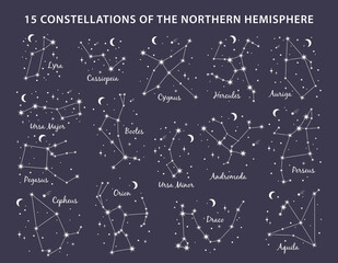 15 Constellations Northern Hemisphere set includes Andromeda, Cassiopeia, Ursa Minor, Ursa Major, Orion, Pegasus, Perseus, Hercules, Aquila, Auriga, Draco, Cepheus. Vector illustration blue background - obrazy, fototapety, plakaty