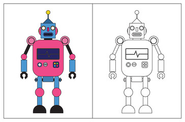 Funny robot cartoon, coloring book or page. Vector illustration.