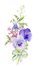 A beautiful bouquet with pansies, hyacinth and wild flowers tied with a ribbon. Watercolour illustration.