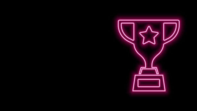 Glowing neon line Award cup icon isolated on black background. Winner trophy symbol. Championship or competition trophy. Sports achievement sign. 4K Video motion graphic animation