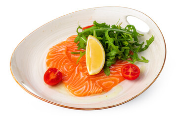 Salmon carpaccio with arugula isolated on white