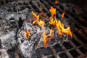 Chinese temple furnace, burning joss papers as part of worship and prayers