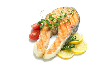 Tasty grilled salmon isolated on white background