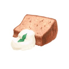 リアルタッチのシフォンケーキと生クリームとミントのイラスト