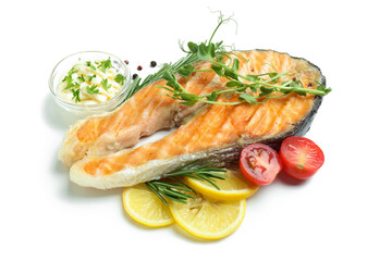 Tasty grilled salmon isolated on white background