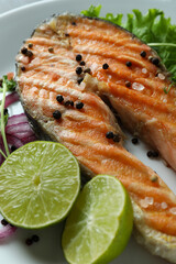 Tasty grilled salmon and ingredients, close up