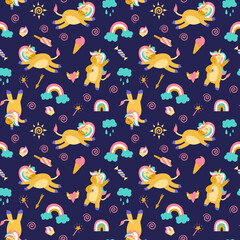 Seamless pattern with cute unicorns on dark background. Childish fabric design. Vector illustration.