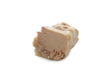 Tasty canned tuna isolated on white background