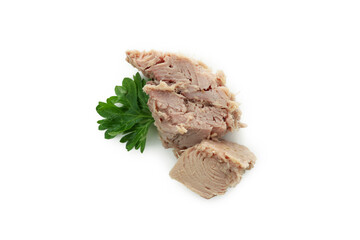 Tasty canned tuna isolated on white background