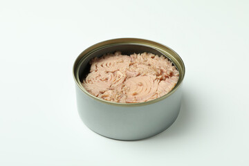 Tin with canned tuna on white background
