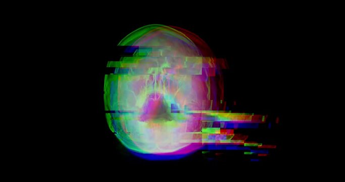 2K Bad Signal Digital animation, hologram human skull, x-ray head on black background. abstract motion animated footage with distorted glitch effect, damage, noise pixel elements. stock video footage