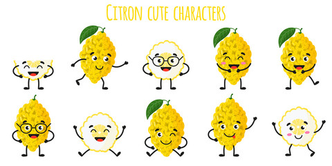 Citron citrus fruit cute funny cheerful characters with different poses and emotions.