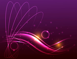 Fototapeta na wymiar Vector abstract design. Glowing circles and flowing lines on a dark purple background.
