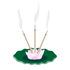 Lotus incense burner holder with scented sticks on a ceramic plate. Aromatherapy and relax concept. Vector illustration