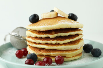 Concept of delicious food with pancakes, close up