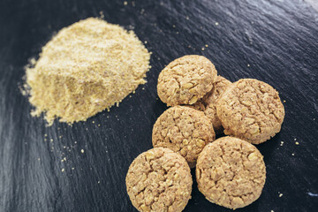 Macrobiotic healthy food. Cake from ground wheat sprouts