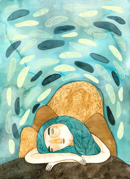 A girl resting with mountains and clouds around her