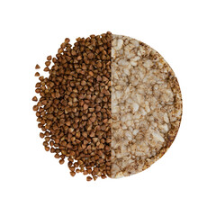 buckwheat cakes and buckwheat isolated on white background, grain crispbreads