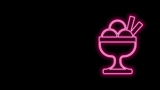 Glowing neon line Ice cream in the bowl icon isolated on black background. Sweet symbol. 4K Video motion graphic animation