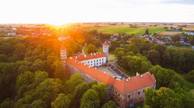 Aerial panorama of historical Panemune castle in Vytenai, Jurbarkas district. Lithuania historical travel destination