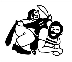 Dad plays with the baby. A father rides his son on his back, dressed as a pirate. A fun joint game of dad and baby. Illustration in black and white, on an isolated background, for cutting on a plotter