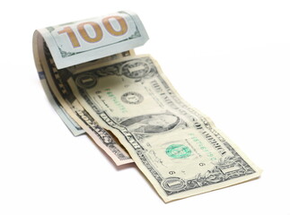 American dollar bills, paper money banknotes isolated on white background