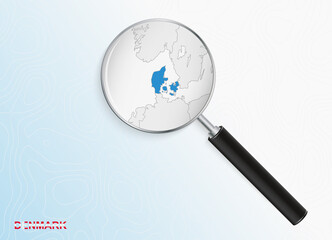 Magnifier with map of Denmark on abstract topographic background.