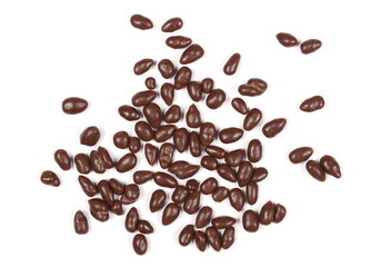 Chocolate covered sunflower seeds isolated on white background, top view