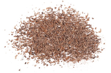 Grated chocolate shavings pile, flakes isolated on white background, top view