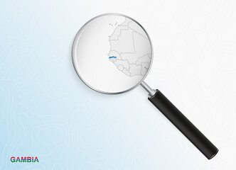 Magnifier with map of Gambia on abstract topographic background.