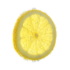 Slice of lemon in sparkling water on white background. Citrus soda - obrazy, fototapety, plakaty