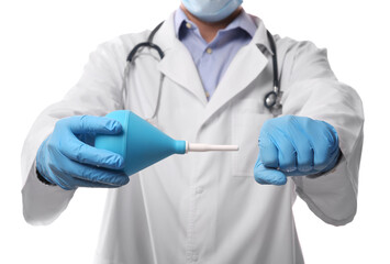 Doctor demonstrating how to use enema on white background, closeup